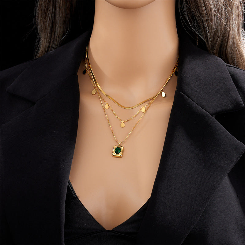 set x3 Collares en Acero Inoxidable Dorado con Cristal Verdes