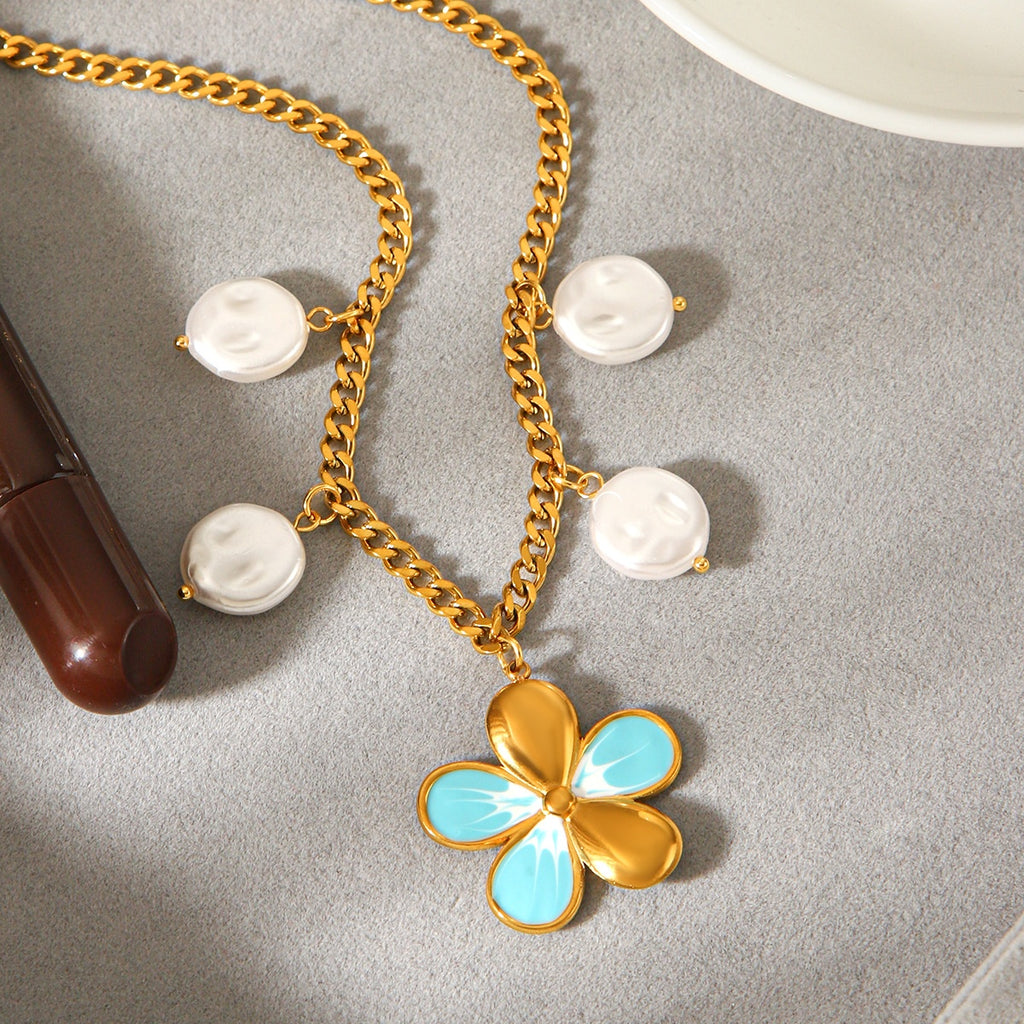 Collar de Acero Inoxidable de Verano, Impermeable, con Colgante de Flor y Perlas