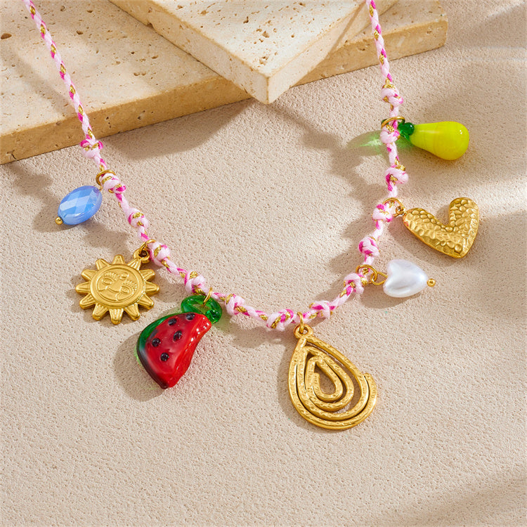 Collar en acero inoxidable, estilo océano, con dijes DIY de conchas y frutas
