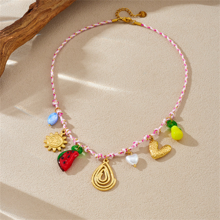 Collar en acero inoxidable, estilo océano, con dijes DIY de conchas y frutas