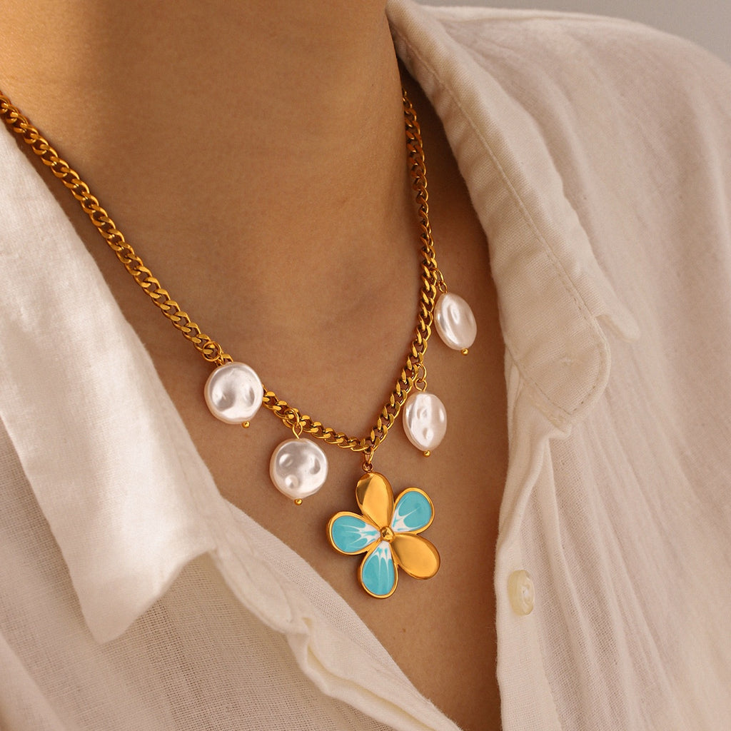 Collar de Acero Inoxidable de Verano, Impermeable, con Colgante de Flor y Perlas