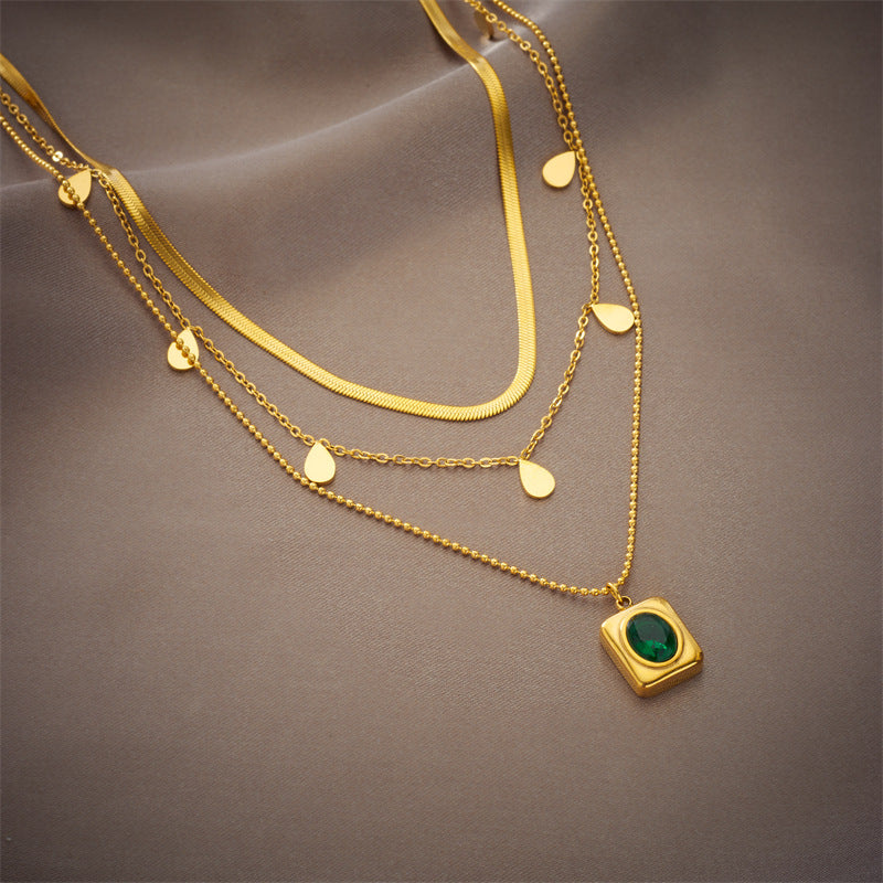 set x3 Collares en Acero Inoxidable Dorado con Cristal Verdes