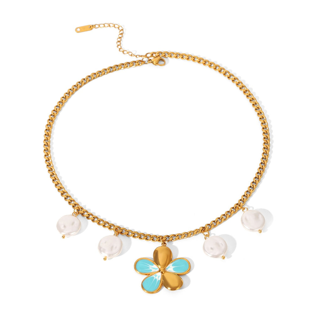 Collar de Acero Inoxidable de Verano, Impermeable, con Colgante de Flor y Perlas
