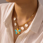 Collar de Acero Inoxidable de Verano, Impermeable, con Colgante de Flor y Perlas