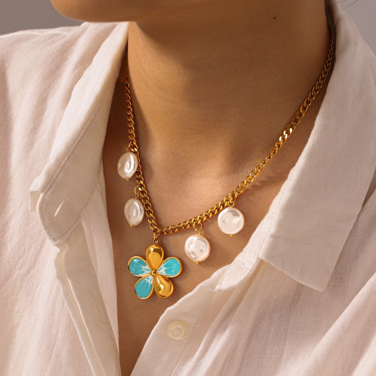 Collar de Acero Inoxidable de Verano, Impermeable, con Colgante de Flor y Perlas
