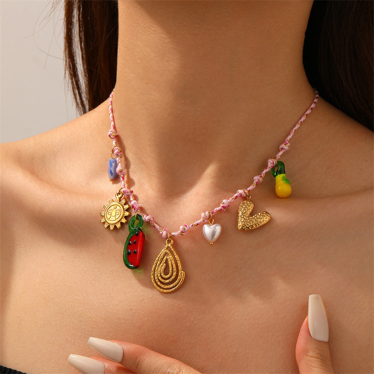 Collar en acero inoxidable, estilo océano, con dijes DIY de conchas y frutas