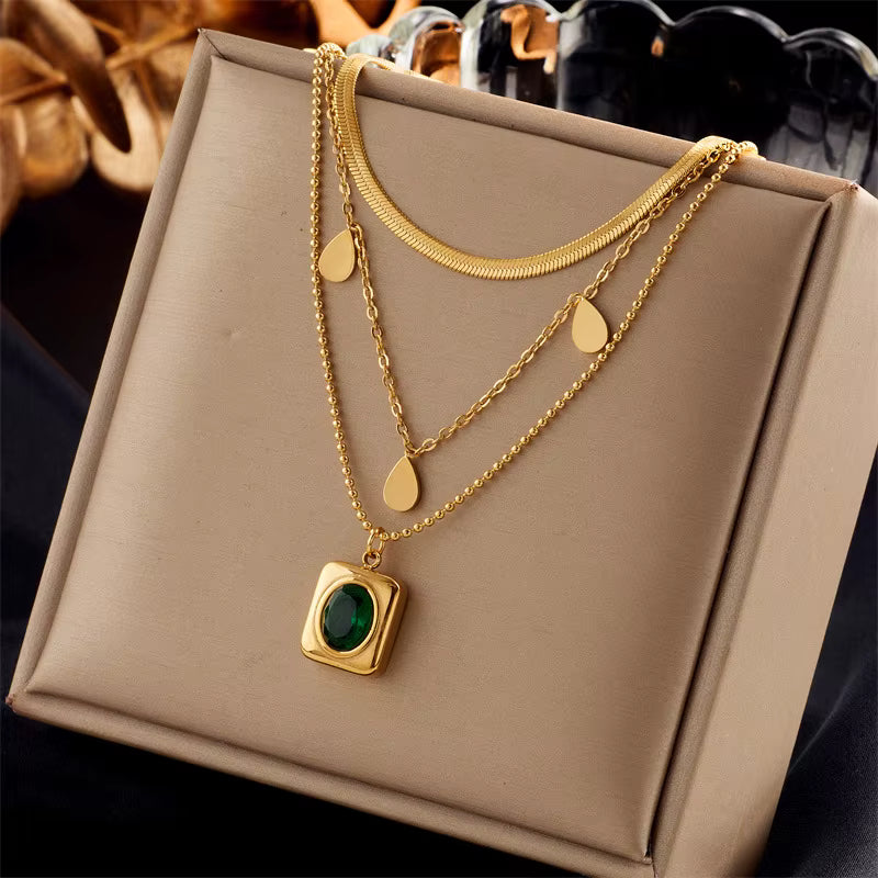 set x3 Collares en Acero Inoxidable Dorado con Cristal Verdes