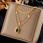 set x3 Collares en Acero Inoxidable Dorado con Cristal Verdes