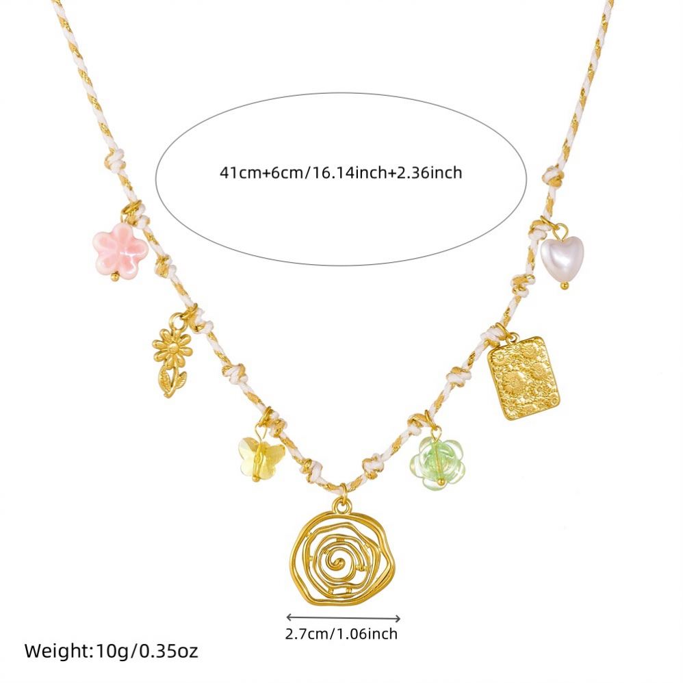 Collar con Dijes de Flor, Corazón, Cuadrado y Rueda Solar