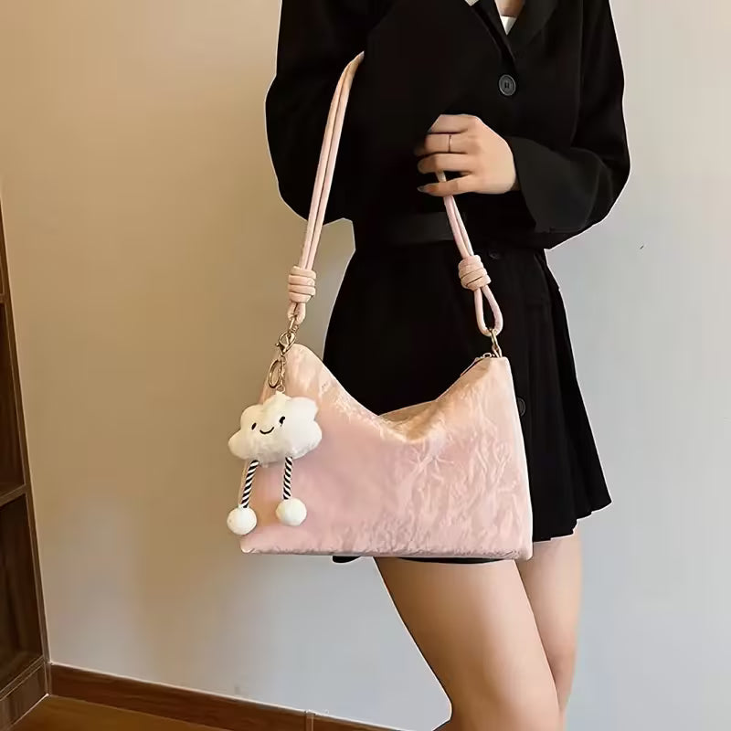 Bolso Colgante de felpa lindo, moda casual versátil de gran capacidad con cierre de cremallera